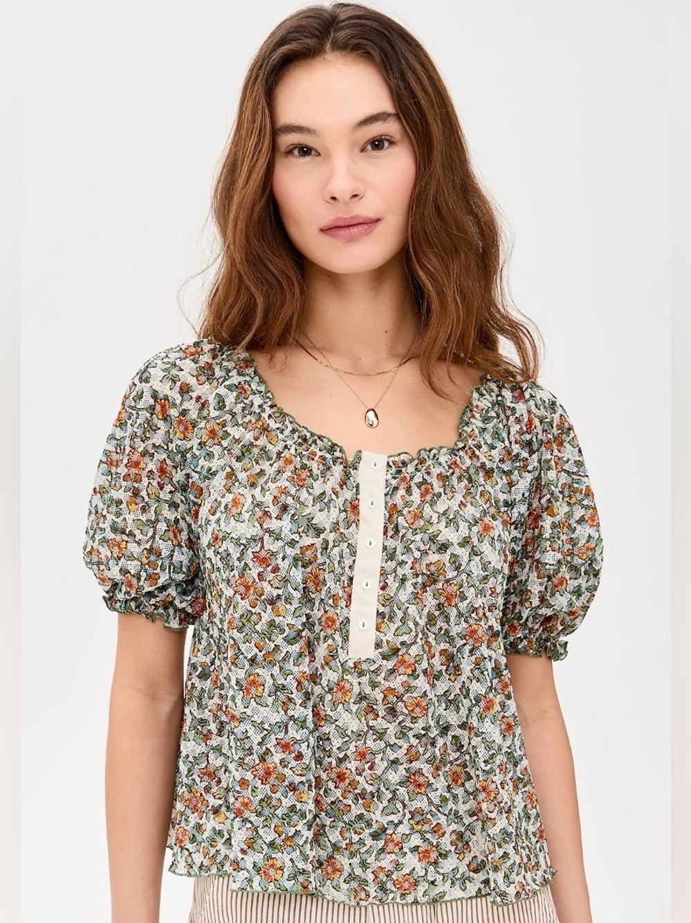 Free People Green Multi Floral Puff-Sleeve Peasant Top